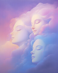 Three female heads in the clouds. Conceptual image