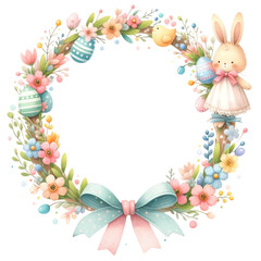 Naklejka na ściany i meble Watercolor circular wreath featuring a cute Easter bunny, pastel flowers, and decorated eggs, ideal for spring celebrations. 