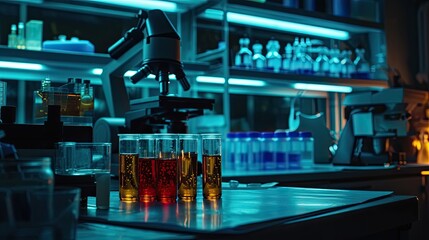 A lab with a bunch of bottles and beakers, a microscope in the background and a microscope in the foreground. Generated by AI