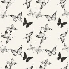 Naklejka premium Black and white seamless pattern with butterflies.