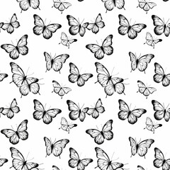 Black and white seamless pattern with butterflies.