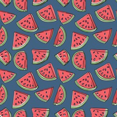 Seamless pattern with watermelons on blue background.