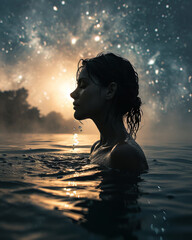 Fototapeta premium Beautiful young woman in the water at night with stars in the background 
