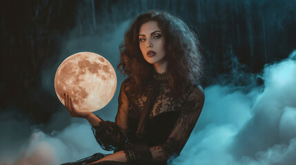 Donna castana che porta con se una luna