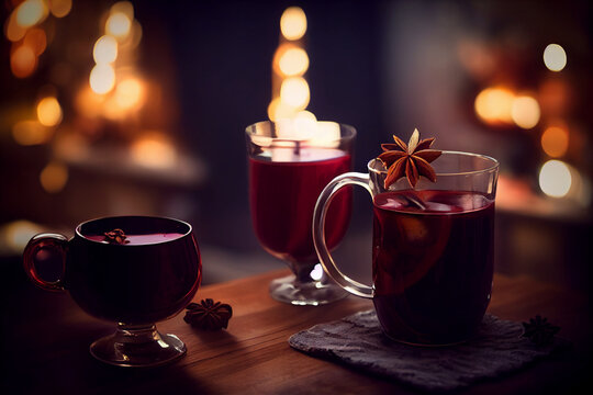 Mulled wine in the glass on the snow table, cozy rustic blurred background, hot drink for cold winter, christmas season new year holiday, red punch in the mug