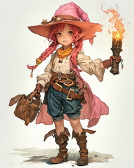 Cute little girl in a hat with a torch in her hand