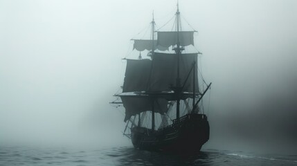 Fototapeta premium Pirate ship with black tattered sails sailing through fog. Mystery scary boat. Mystical ghost sailboat. Creepy vessel floating sea, ocean. Gloomy foggy weather. Fairytale historical nautical travel.