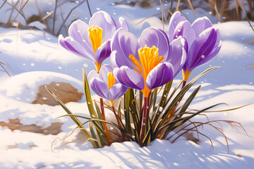 spring crocus flowers in snow,art design