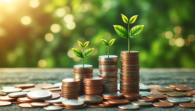 Coins stacked with green plant sprouts symbolize growth.  Finance And Investment, Money growth concept. Sustainable green energy concept