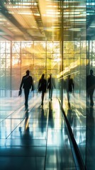 Businesspeople walking at modern office, motion blur background