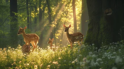 Gordijnen Family of deer peacefully grazing. © Shamim