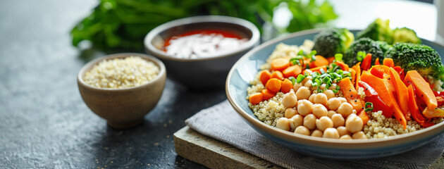 Vegan Buddha bowl with quinoa, chickpeas, and veggies, holistic and balanced meal, soft diffused light.