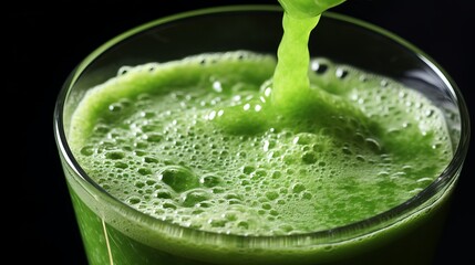 Nourishing green juice being poured into a sleek glass on a pristine white background