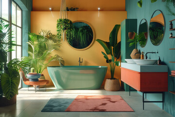 interior of spacious modern bathroom with colorful furniture and many plants - obrazy, fototapety, plakaty