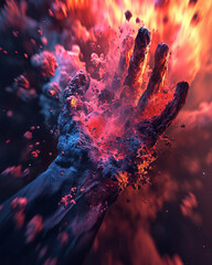 Hand surrounded by colorful red smoke and dust. Abstract concept
