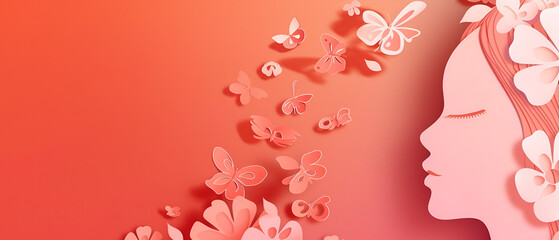 orange banner with free space for Mother's Day or March 8, portrait of a woman and a butterfly in paper cut-outs style with space for text