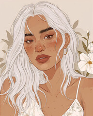 Beautiful young woman with long hair and flowers. Vector illustration