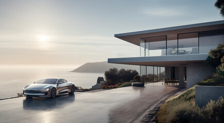 Fototapeta na wymiar Luxury generic electric car parked outside modern villa house