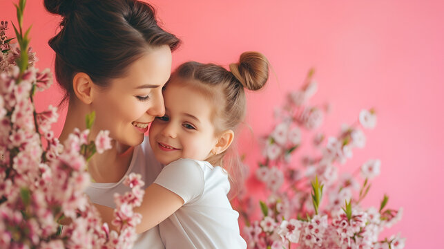 copy space card or banner for mother's day on pink background mother with daughter with place for text