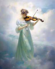 Beautiful girl in a long dress playing the violin on the clouds 