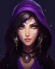 Fantasy illustration of a beautiful hooded woman with long black hair
