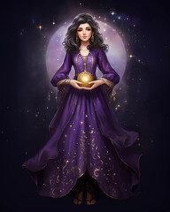 Beautiful girl with magic ball in her hands. Fantasy illustration