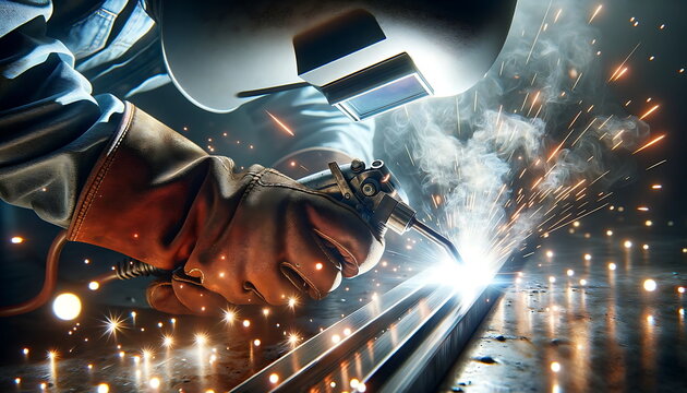 Metal welder working with arc welding machine and using mig mag welder constructions to weld steel at factory.
