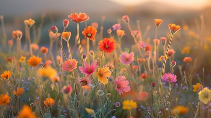 Desert wildflowers blooming after rare rainfall, a sudden burst of life and color against the stark, sandy backdrop  - obrazy, fototapety, plakaty