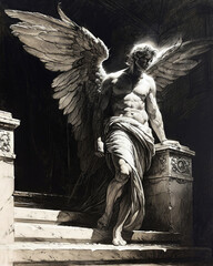 An angel with beautiful wings going down the stairs. Black pencil drawing