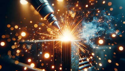 Bright sparks from metal in close-up. Welder constructions to weld steel at the factory. - obrazy, fototapety, plakaty