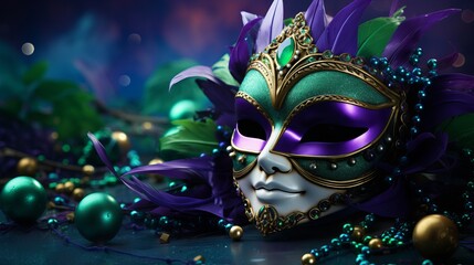 Mardi gras carnival mask and beads on purple and green gradient background with free copy space