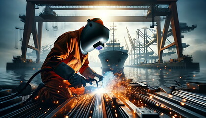 Metal welder with orange jacket working with arc welding machine and using mig mag welder constructions to weld steel at factory. - obrazy, fototapety, plakaty
