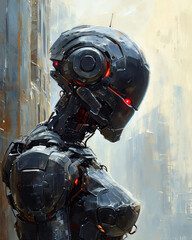 A robot in front of a grunge background