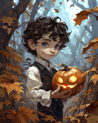 Halloween boy in the forest with a pumpkin