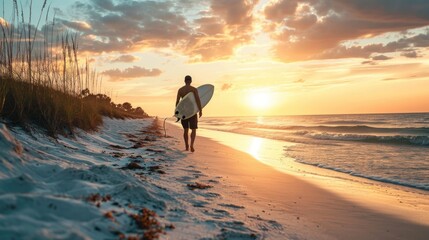 Fototapeta premium Back view of a surfer with a board on a sandy beach at golden hour.