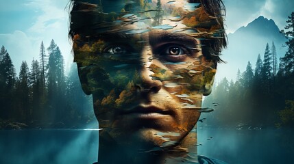 Double exposure portrait of man blended with sunny nature creative art of beauty and tranquility