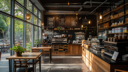 interior design of a cafe with large windows