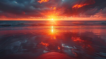 Dramatic beachscape at sunset, dark clouds parting to reveal a fiery sun setting into the ocean, reflections on wet sand  - obrazy, fototapety, plakaty