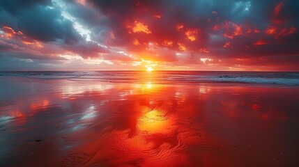 Dramatic beachscape at sunset, dark clouds parting to reveal a fiery sun setting into the ocean, reflections on wet sand - obrazy, fototapety, plakaty