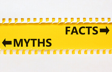 Obraz premium Facts or myths symbol. Concept word Myths and Facts on beautiful yellow paper. Beautiful white paper background. Business and facts or myths fact myth concept. Copy space.
