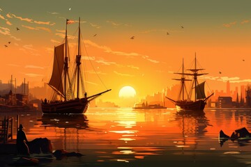 Panoramic view of a bustling harbor at sunset