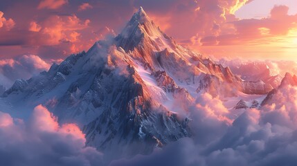 Dramatic mountain range capped with snow, clouds clinging to the peaks, sun setting in the background casting pink hues - obrazy, fototapety, plakaty