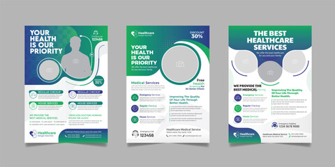 Fototapeta na wymiar Medical flyer brochure cover page design. Healthcare consultant business poster template set.