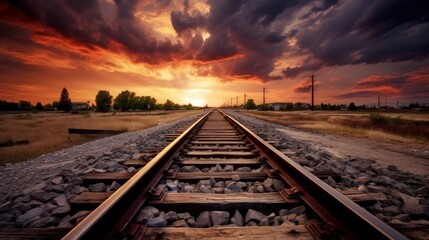 Railroad tracks during sunset.