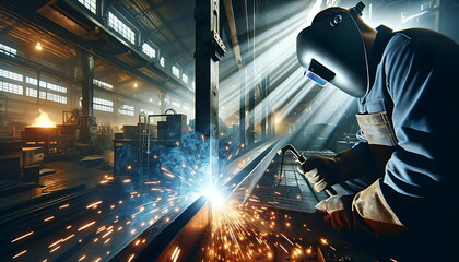 Metal welder working with arc welding machine and using mig mag welder constructions to weld steel at factory. - obrazy, fototapety, plakaty