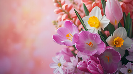 card or banner for mother's day or eighth of march on pink background with spring flowers and place for text