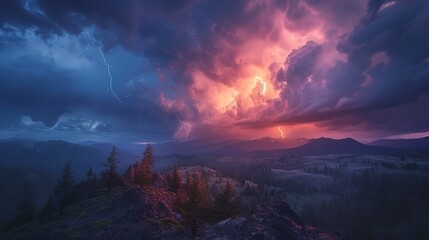 Dramatic thunderstorm rolling over the Cascades, lightning illuminating dark, moody skies and rugged landscapes 