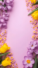 card or banner for mother's day or eighth of march on pink background with spring flowers and place for text