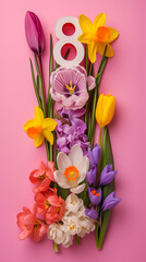 banner for March 8th with copy space, number 8 and spring flowers on a pink background with space for text