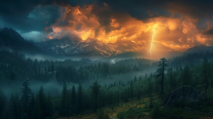 Dramatic thunderstorm rolling over the Cascades, lightning illuminating dark, moody skies and rugged landscapes 